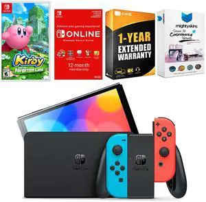 Nintendo Switch Neon Red & Blue OLED Console with Kirby and the Forgotten Land, NSO 12 Month Family Membership, MightySkins Console and Controller Skin Voucher and 1 Year CPS Extended Warranty