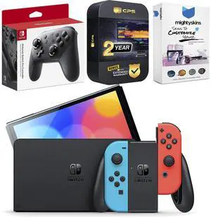 Nintendo Switch Neon Red & Blue OLED Console with Pro Controller, MightySkins Console and Controller Skin Voucher, and 2 Year CPS Extended Warranty