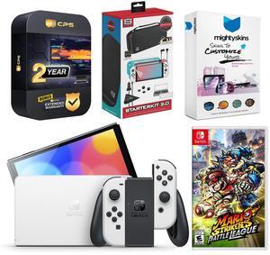 Nintendo Switch White OLED Console with Mario Strikers: Battle League, Surge Accessory Gaming Kit, MightySkins Console and Controller Skin Voucher, and 2 Year CPS Extended Warranty