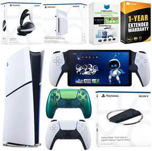 Sony PlayStation 5 Slim Digital Bundle with Disc Drive, Stand, Extra Controller, Pulse Elite Headset, PlayStation Portal,  MightySkins Game Collection Services and 1 Year Extended Warranty - Chroma T