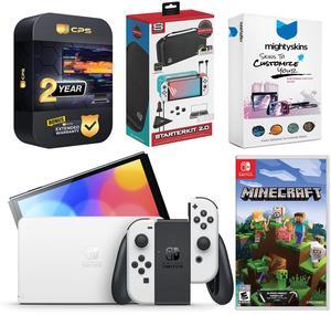 Nintendo Switch White OLED Console with Minecraft: Switch Edition, Surge Accessory Gaming Kit, MightySkins Console and Controller Skin Voucher, and 2 Year CPS Extended Warranty
