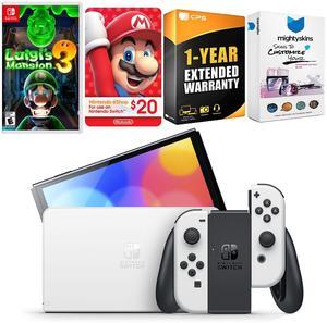 Nintendo Switch White OLED Console with Luigis Mansion 3, Nintendo $20 eShop Gift Card, MightySkins Console and Controller Skin Voucher, and 1 Year CPS Extended Warranty