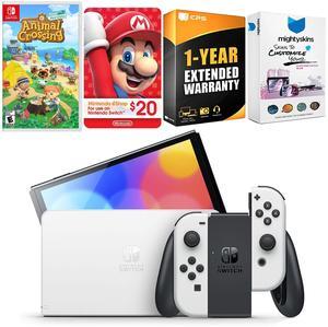 Nintendo Switch White OLED Console with Animal Crossing New Horizons, Nintendo $20 eShop Gift Card, MightySkins Console and Controller Skin Voucher, and 1 Year CPS Extended Warranty