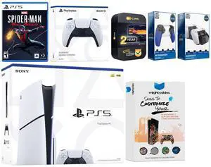 Sony Playstation 5 Slim Disc with Spider-Man: Miles Morales, Extra White Controller, Trigger Stop Kit, Charge Dock and MightySkins Decal Voucher + 2 Year CPS Extended Warranty