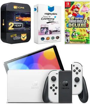 Nintendo Switch White OLED Console with New Super Mario Bros. U Deluxe, MightySkins Console and Controller Skin Voucher, and 2 Year CPS Extended Warranty