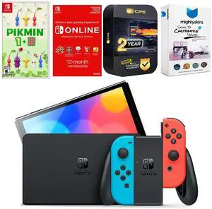Nintendo Switch Neon Red & Blue OLED Console with Pikmin 1 + 2, NSO 12 Month Family Membership, MightySkins Console and Controller Skin Voucher and 2 Year CPS Extended Warranty