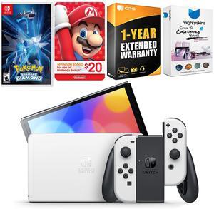 Nintendo Switch White OLED Console with Pokemon Brilliant Diamond, Nintendo $20 eShop Gift Card, MightySkins Console and Controller Skin Voucher, and 1 Year CPS Extended Warranty