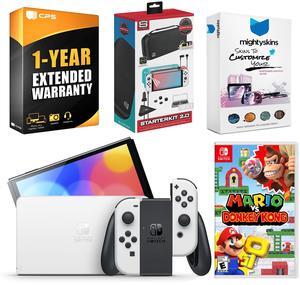 Nintendo Switch White OLED Console with Mario vs. Donkey Kong, Surge Accessory Gaming Kit, MightySkins Console and Controller Skin Voucher, and 1 Year CPS Extended Warranty
