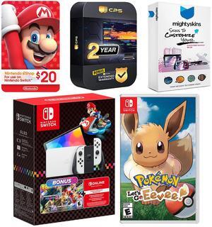 Nintendo Switch OLED Console Mario Kart 8 Bundle with Pokemon Let's Go, Eevee!, Nintendo $20 eShop Gift Card, MightySkins Console and Controller Skin Voucher, and 2 Year CPS Extended Warranty