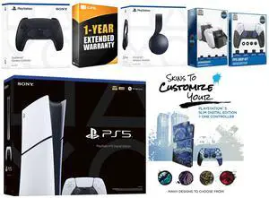 Sony Playstation 5 Slim Digital with Black Pulse Headset, Extra Midnight Black Controller, FPS Grip Kit, Charge Dock and MightySkins Decal Voucher + 1 Year CPS Extended Warranty