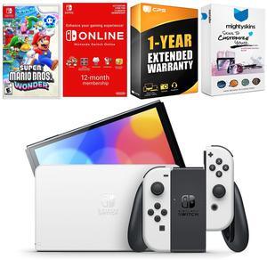 Nintendo Switch White OLED Console with Super Mario Bros. Wonder, NSO 12 Month Family Membership, MightySkins Console and Controller Skin Voucher, and 1 Year CPS Extended Warranty