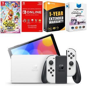 Nintendo Switch White OLED Console with Rabbids: Party of Legends, NSO 12 Month Family Membership, MightySkins Console and Controller Skin Voucher, and 1 Year CPS Extended Warranty