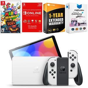 Nintendo Switch White OLED Console with Super Mario 3D World + Bowsers Fury , NSO 12 Month Family Membership, MightySkins Console and Controller Skin Voucher, and 1 Year CPS Extended Warranty