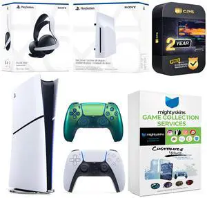 Sony PlayStation 5 Slim Digital Bundle with Disc Drive, Extra Controller, Pulse Elite Headset, MightySkins Game Collection and 2 Year Extended Warranty - Chroma Teal