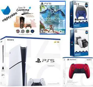 Sony Playstation 5 Slim Disc Bundle with Horizon Forbidden West, Extra Volcanic Red Controller, Pro Gamer Kit, Dual Charge Dock and MightySkins Decal Voucher