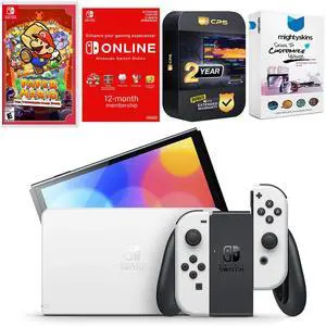 Nintendo Switch White OLED Console with Paper Mario: the Thousand Year Door, NSO 12 Month Family Membership, MightySkins Console and Controller Skin Voucher, and 2 Year CPS Extended Warranty