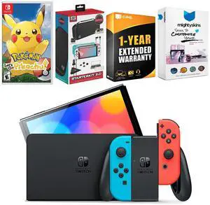 Nintendo Switch Neon Red & Blue OLED Console with Pokemon Let's Go, Pikachu! Edition, Surge Accessory Gaming Kit, MightySkins Console and Controller Skin Voucher, and 1 Year CPS Extended Warranty