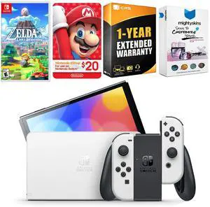 Nintendo Switch White OLED Console with The Legend Of Zelda Link's Awakening, Nintendo $20 eShop Gift Card, MightySkins Console and Controller Skin Voucher, and 1 Year CPS Extended Warranty