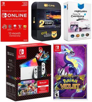Nintendo Switch OLED Console Mario Kart 8 Bundle with Pokemon Violet, NSO 12 Month Family Membership, MightySkins Console and Controller Skin Voucher, and 2 Year CPS Extended Warranty