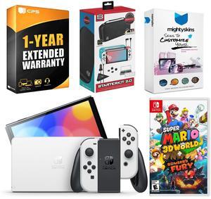 Nintendo Switch White OLED Console with Super Mario 3D World + Bowsers Fury, Surge Accessory Gaming Kit, MightySkins Console and Controller Skin Voucher, and 1 Year CPS Extended Warranty