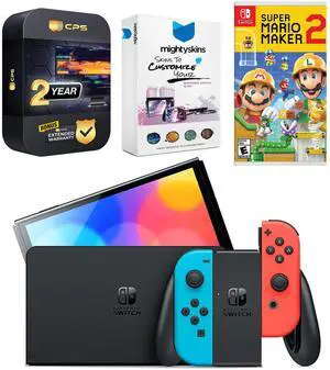 Nintendo Switch Neon Red & Blue OLED Console with Mario Maker 2, MightySkins Console and Controller Skin Voucher, and 2 Year CPS Extended Warranty