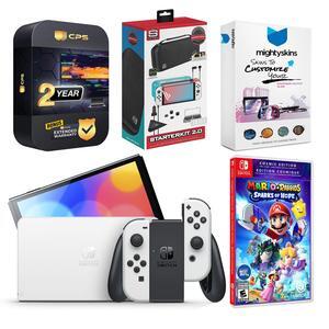 Nintendo Switch White OLED Console with Mario + Rabbids Sparks of Hope Cosmic Edition, Surge Accessory Gaming Kit, MightySkins Console and Controller Skin Voucher, and 2 Year CPS Extended Warranty