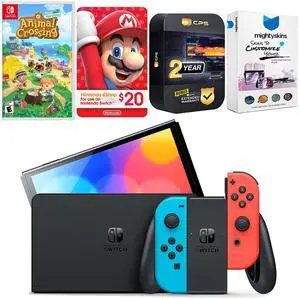 Nintendo Switch Neon Red & Blue OLED Console with Animal Crossing New Horizons, Nintendo $20 eShop Gift Card, MightySkins Console and Controller Skin Voucher and 2 Year CPS Extended Warranty