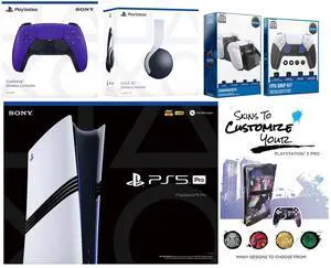Sony Playstation 5 Pro Bundle with White Pulse Headset, Extra Galactic Purple Controller, FPS Grip Kit, Dual Charge Dock and MightySkins Decal Voucher Plus 2 Year CPS Extended Warranty