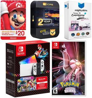 Nintendo Switch OLED Console Mario Kart 8 Bundle with Pokemon Shining Pearl, Nintendo $20 eShop Gift Card, MightySkins Console and Controller Skin Voucher, and 2 Year CPS Extended Warranty