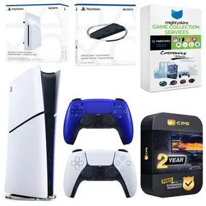 Sony PlayStation 5 Slim Digital Bundle with Disc Drive, Extra Controller, Vertical Stand, MightySkins Game Collection Services and 2 Year Extended Warranty - Cobalt Blue