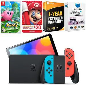 Nintendo Switch Neon Red & Blue OLED Console with Kirby and the Forgotten Land, Nintendo $20 eShop Gift Card, MightySkins Console and Controller Skin Voucher and 1 Year CPS Extended Warranty