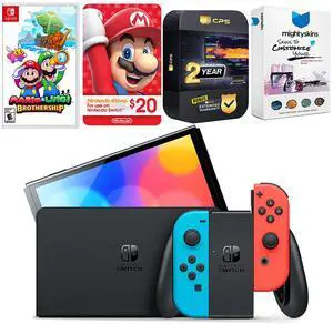 Nintendo Switch Neon Red & Blue OLED Console with Mario & Luigi: Brothership, Nintendo $20 eShop Gift Card, MightySkins Console and Controller Skin Voucher and 2 Year CPS Extended Warranty