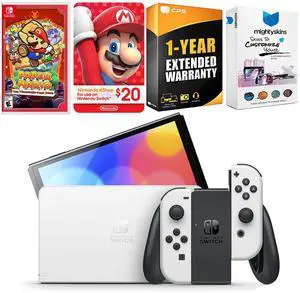 Nintendo Switch White OLED Console with Paper Mario: the Thousand Year Door, Nintendo $20 eShop Gift Card, MightySkins Console and Controller Skin Voucher, and 1 Year CPS Extended Warranty