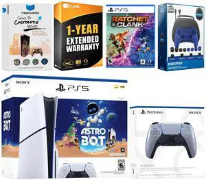 Sony PlayStation 5 Slim Disc Astro Bot, Rachet and Clank Bundle with Extra Sterling Silver Controller, Pro Gamer Starter Kit, MightySkins Code and 1 Year Extended Warranty