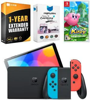 Nintendo Switch Neon Red & Blue OLED Console with Kirby and the Forgotten Land, MightySkins Console and Controller Skin Voucher, and 1 Year CPS Extended Warranty