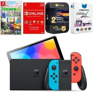 Nintendo Switch Neon Red & Blue OLED Console with Pikmin 4, NSO 12 Month Family Membership, MightySkins Console and Controller Skin Voucher, and 2 Year CPS Extended Warranty