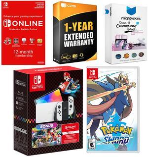 Nintendo Switch OLED Console Mario Kart 8 Bundle with Pokemon Sword, NSO 12 Month Family Membership, MightySkins Console and Controller Skin Voucher and 1 Year CPS Extended Warranty