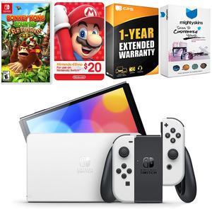 Nintendo Switch White OLED Console with Donkey Kong Country Returns HD, Nintendo $20 eShop Gift Card, MightySkins Console and Controller Skin Voucher, and 1 Year CPS Extended Warranty