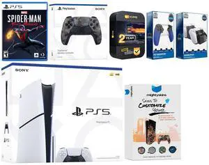 Sony Playstation 5 Slim Disc with Spider-Man: Miles Morales, Extra Gray Camo Controller, Trigger Stop Kit, Charge Dock and MightySkins Decal Voucher + 2 Year CPS Extended Warranty