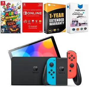 Nintendo Switch Neon Red & Blue OLED Console with Super Mario 3D World + Bowsers Fury , NSO 12 Month Family Membership, MightySkins Console and Controller Skin Voucher and 1 Year CPS Extended Warr