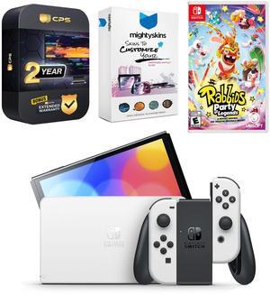 Nintendo Switch White OLED Console with Rabbids: Party of Legends, MightySkins Console and Controller Skin Voucher, and 2 Year CPS Extended Warranty