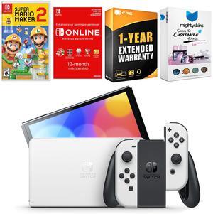 Nintendo Switch White OLED Console with Mario Maker 2 , NSO 12 Month Family Membership, MightySkins Console and Controller Skin Voucher, and 1 Year CPS Extended Warranty