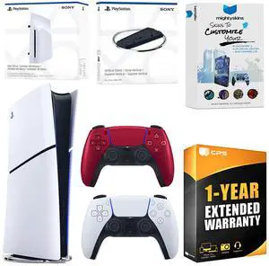 Sony PlayStation 5 Slim Digital Bundle with Disc Drive, Extra Controller, Vertical Stand, MightySkins Voucher and 1 Year Extended Warranty - Volcanic Red