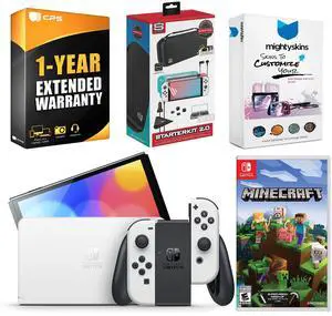 Nintendo Switch White OLED Console with Minecraft: Switch Edition, Surge Accessory Gaming Kit, MightySkins Console and Controller Skin Voucher, and 1 Year CPS Extended Warranty