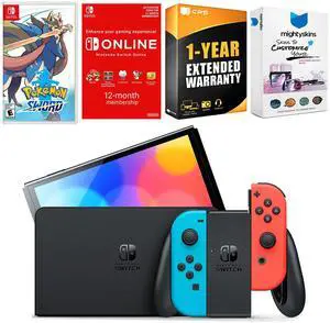 Nintendo Switch Neon Red & Blue OLED Console with Pokemon Sword, NSO 12 Month Family Membership, MightySkins Console and Controller Skin Voucher and 1 Year CPS Extended Warranty