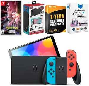 Nintendo Switch Neon Red & Blue OLED Console with Pokemon Shining Pearl Edition, Surge Accessory Gaming Kit, MightySkins Console and Controller Skin Voucher, and 1 Year CPS Extended Warranty