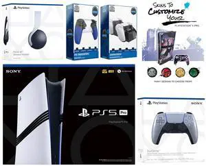 Sony Playstation 5 Pro Bundle with White Pulse Headset, Extra Sterling Silver Controller, Trigger Stop Kit, Dual Charge Dock and MightySkins Decal Voucher