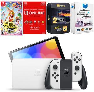Nintendo Switch White OLED Console with Rabbids: Party of Legends, NSO 12 Month Family Membership, MightySkins Console and Controller Skin Voucher, and 2 Year CPS Extended Warranty