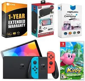 Nintendo Switch Neon Red & Blue OLED Console with Kirby and the Forgotten Land, Surge Accessory Gaming Kit, MightySkins Console and Controller Skin Voucher, and 1 Year CPS Extended Warranty