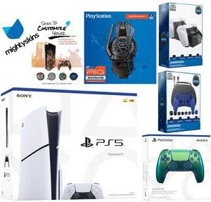 Sony Playstation 5 Slim Disc Bundle with Extra Chroma Teal Controller, Plantronics Headset, Pro Gamer Kit, Dual Charge Dock and MightySkins Decal Voucher